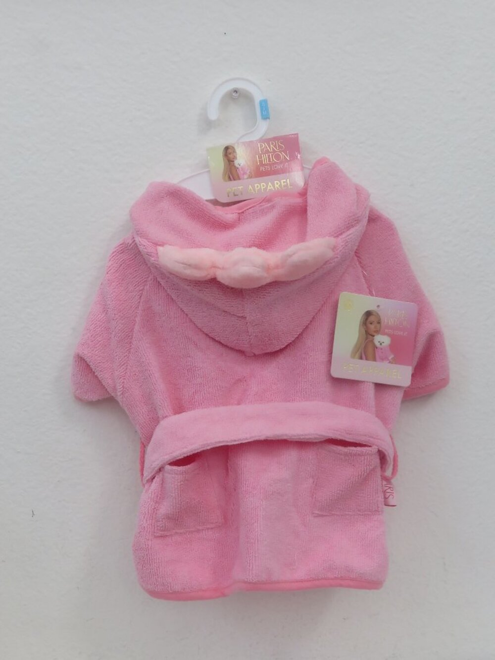 (#137) Paris Hilton Plush Pink Pet Hooded Robe with Bow Accent - Size S/M